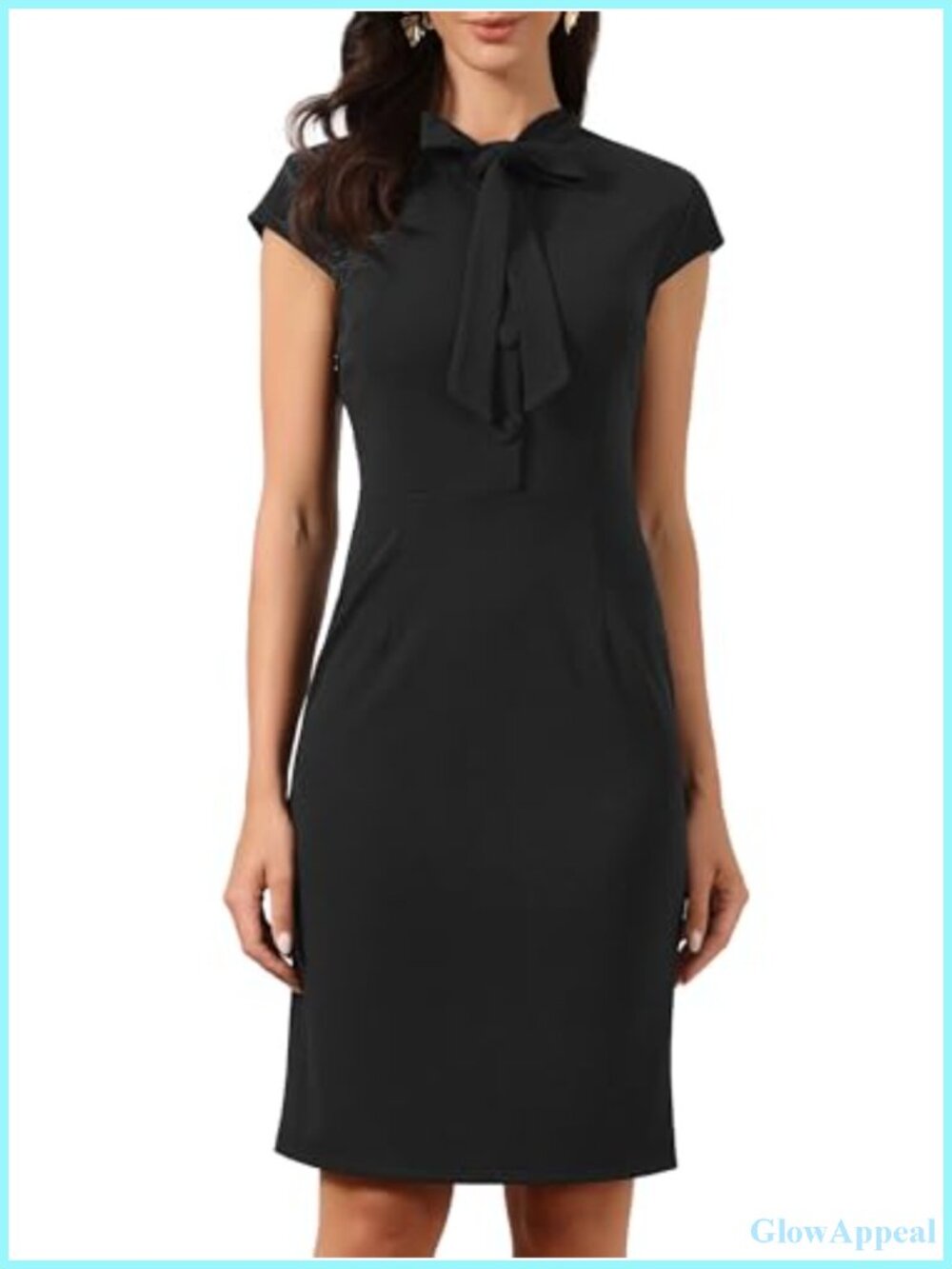Allegra K Sheath Dress Bow Tie Neck Cap Sleeve Business Casual Pencil
